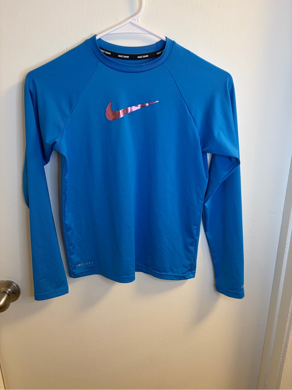 Nike Swim Girls L Blue Dri-FIT Long Sleeve Rash Guard Pink Swoosh UPF